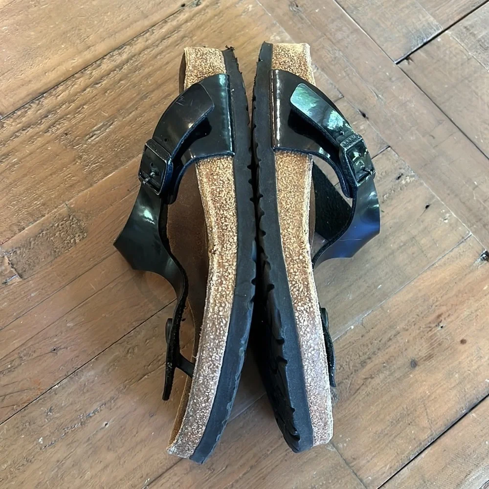 Birkenstock Gizeh Black Patent Leather Cork Sandals Thongs EU 38 US 7